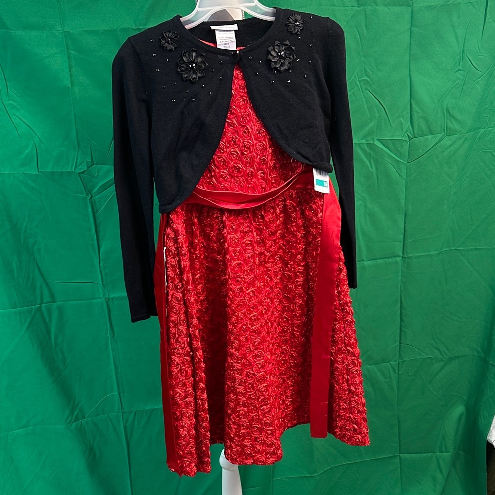 Bonnie Jean Girls Dress Red Floral Dress with Black Cardigan